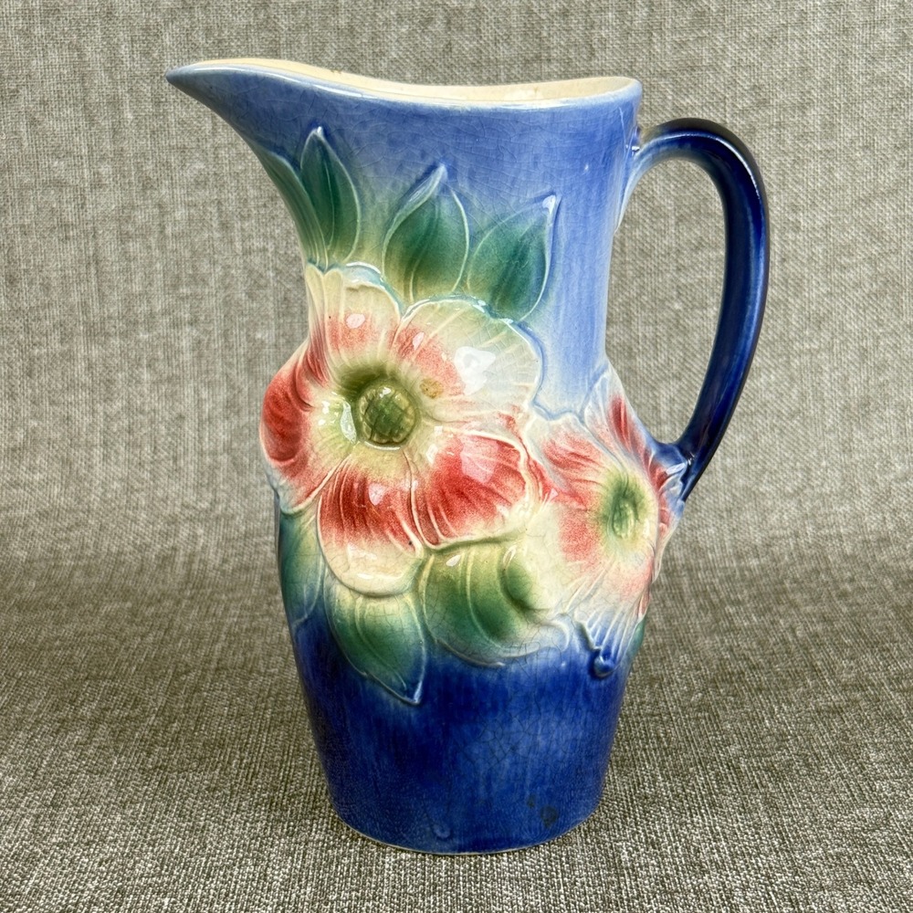 Royal Copley Vintage Floral Pitcher Blue Pink Embossed Ceramic Vase 8in